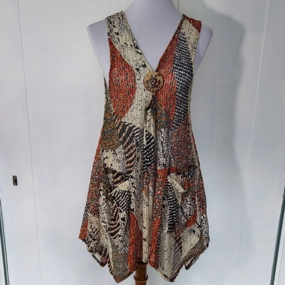 Paradise Asymmetrical Brown Red Orange‎  Turquoise Abstract PrintDuster Cover Up - Picture 12 of 12